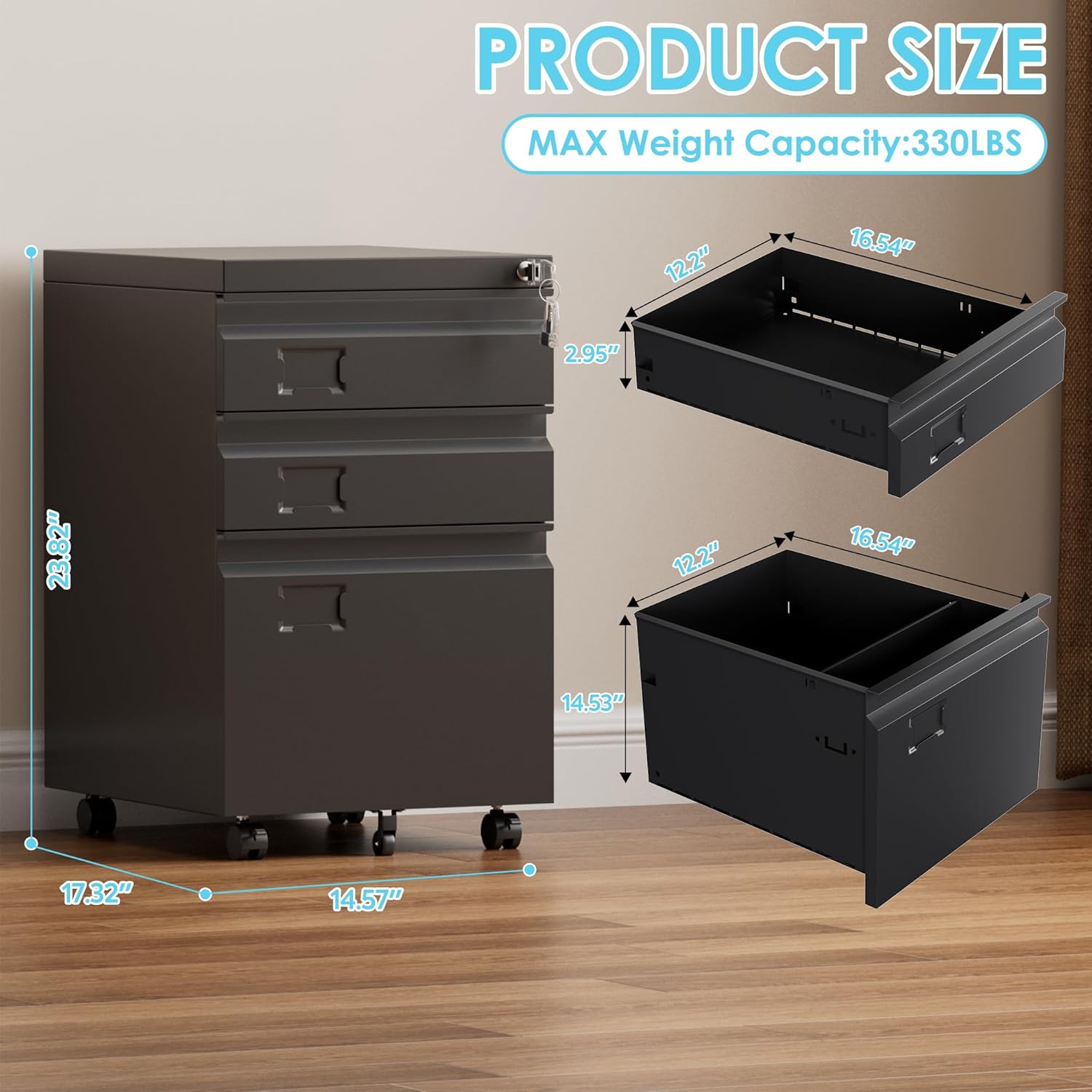 3 Drawer Metal File Cabinet with Lock and Wheels, Black | 17.32"D x 14.57"W x 23.82"H under-desk cabinet, fits Letter, Legal and A4 files, 5 casters
