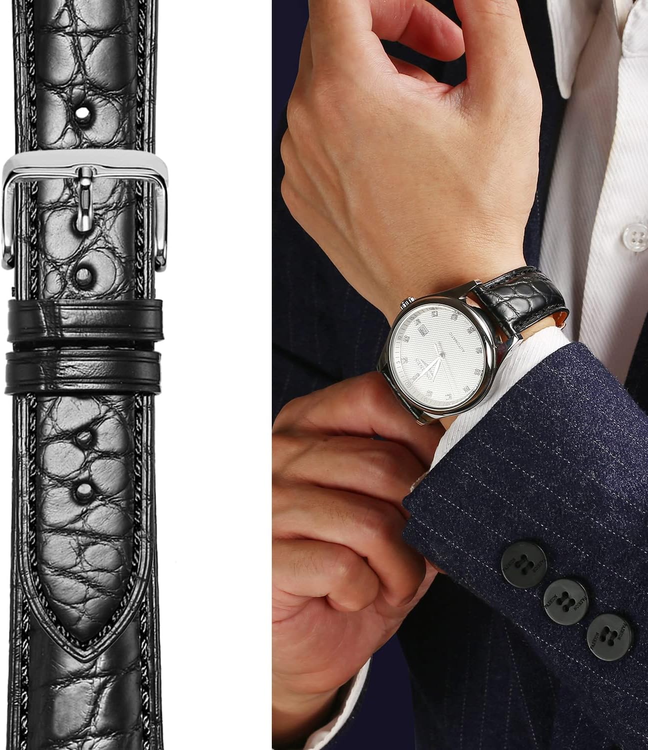 Moran Genuine Leather Watch Band 18mm 19mm 20mm 21mm 22mm 23mm 24mm Calf Grain Watch Strap for Men and Women 18mm Black-Silver Buckle