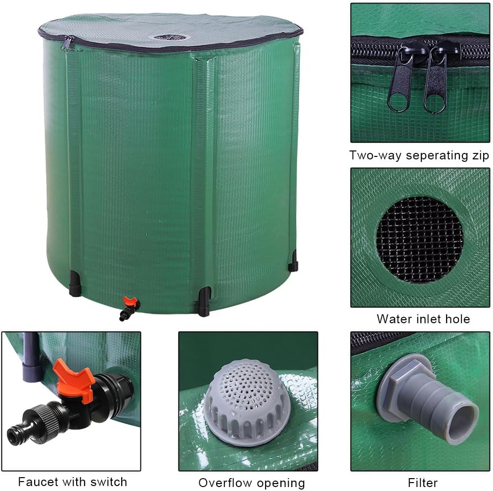 Collapsible Rain Barrel, Portable Water Storage Tank, Rainwater Collection System Downspout, Water Catcher Container (50 Gallon, Green)