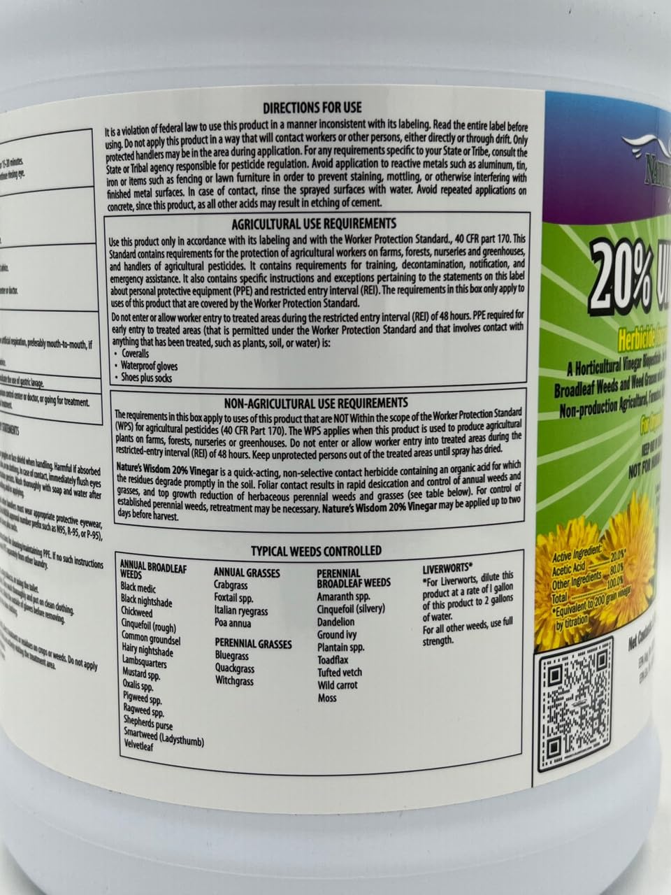 Natures Wisdom 20% Vinegar Weed & Grass Killer | Natural and Organic | 1 Gallon | Glyphosate Free Herbicide