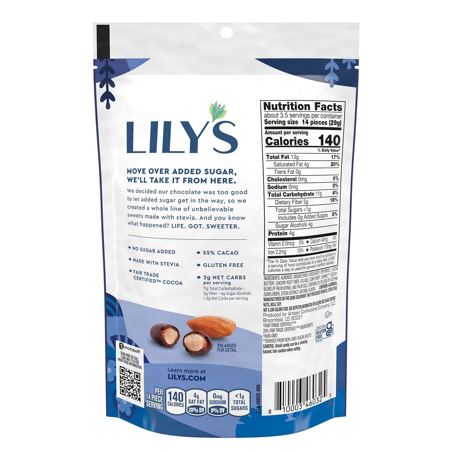 LILY'S Dark Chocolate Style No Sugar Added Covered Almonds Bag, 3.5 oz