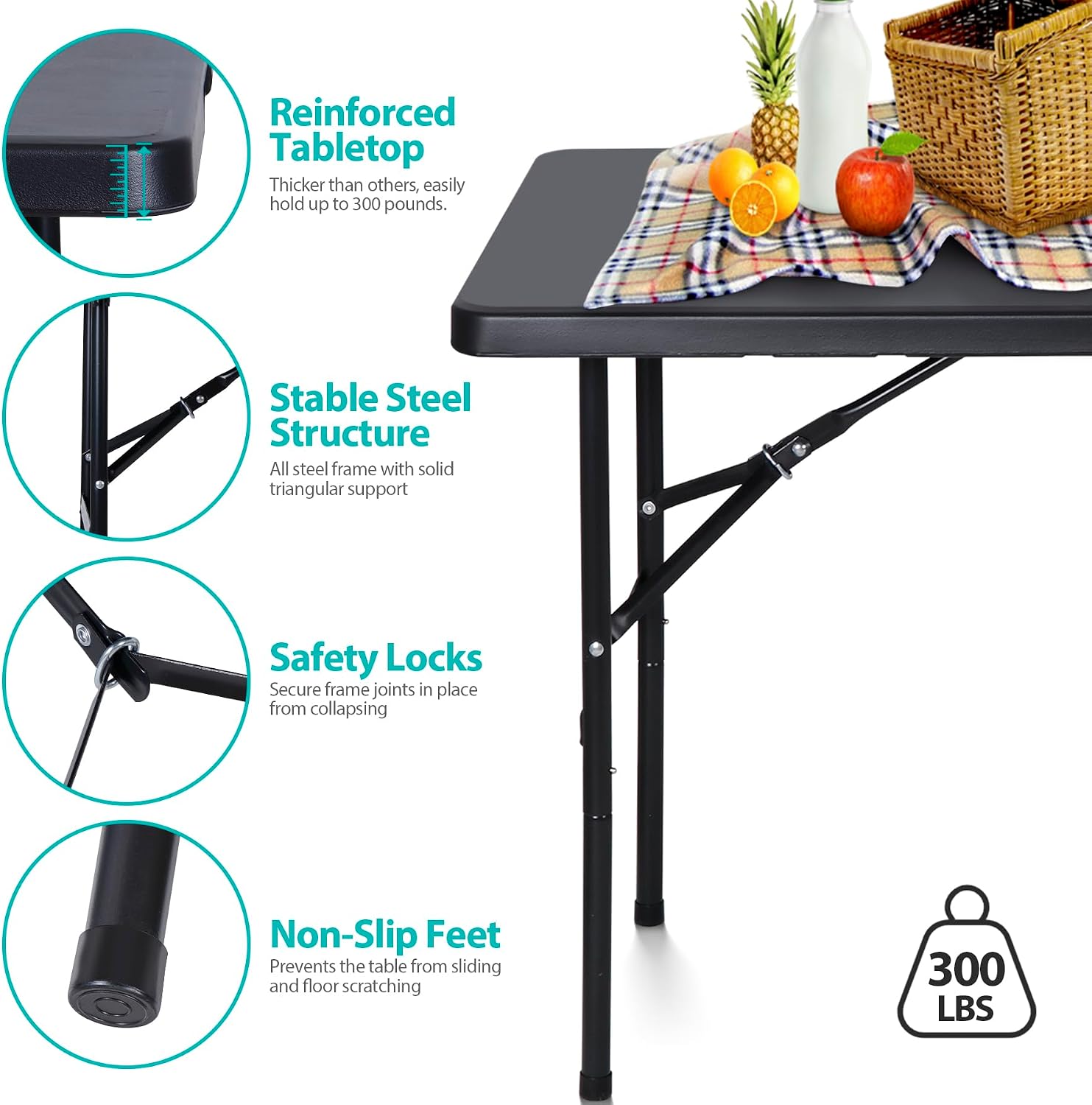 ZENY 6ft Folding Table, Portable Picnic Table, Plastic Table for Indoor Outdoor Picnic, Party, Camping, Heavy Duty Fold-up Table with Handle, White