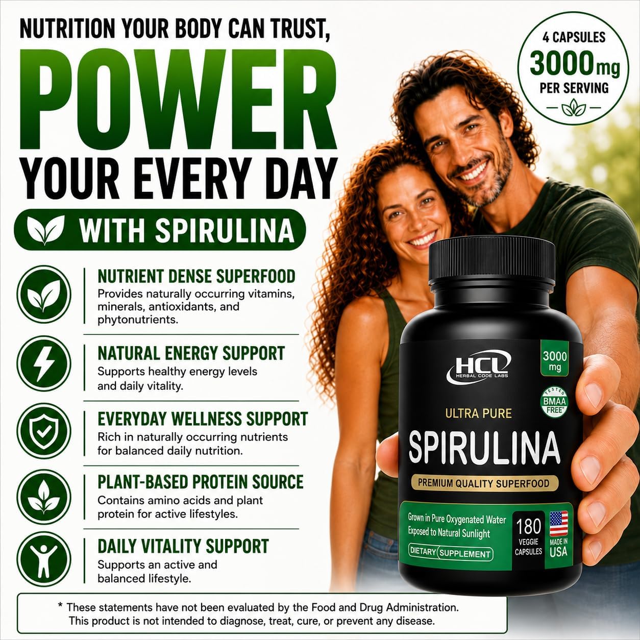 Spirulina Powder Capsules 3000 mg - Purest Non-Irradiated Blue Green Algae - Best Raw Vegan Protein - Green Superfood - Natural Multivitamins –