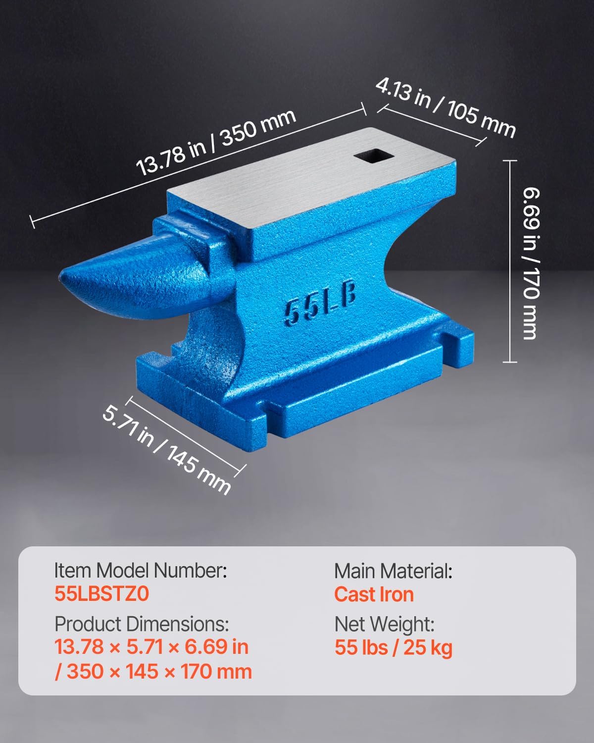 VEVOR Blacksmith Anvil 55 lbs (25 kg) Single Piece of Iron with Square Holes Ideal for Metalurgical and Blacksmiths in Metal Workshop and for