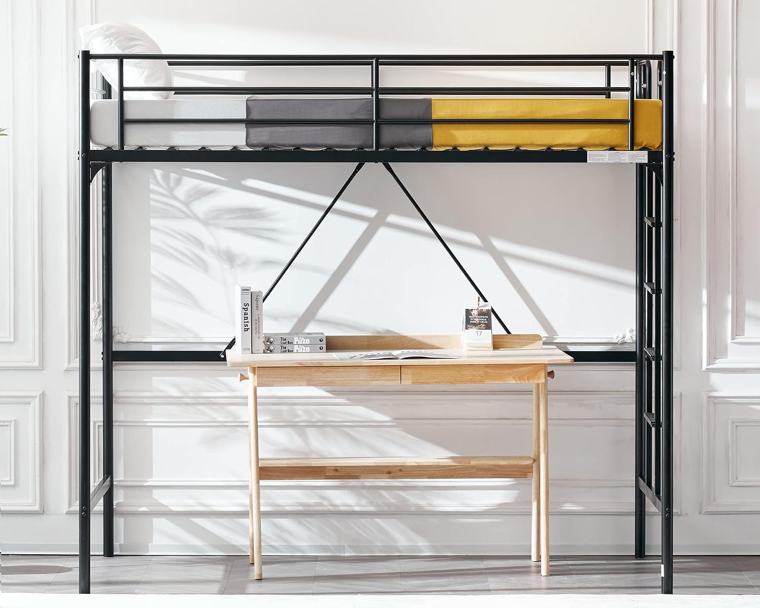 Bonnlo Metal Loft Bed with Stairs and Flat Rung, Junior Loft Bed Twin Size High Loft Bed for Kids/Teens/Adults, No Box Spring Required, Black