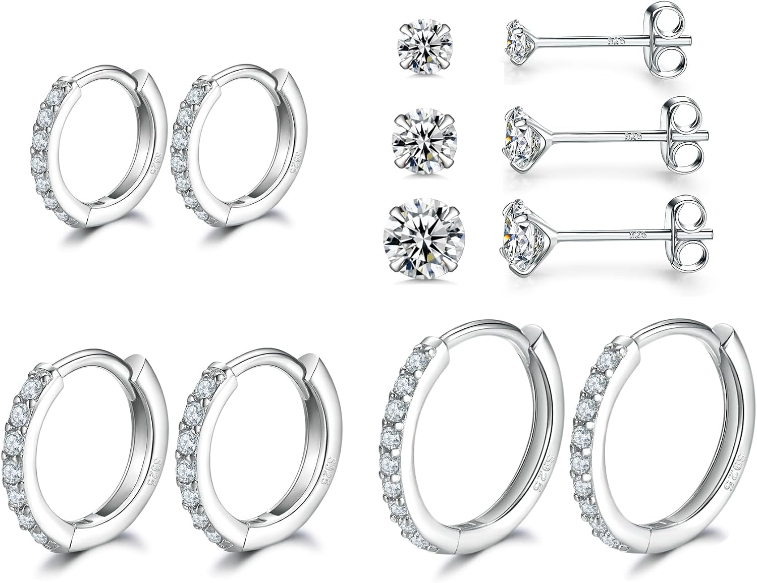 Dlihc 6 Pairs Sterling Silver Hoop and Stud Earrings Set for Women Men