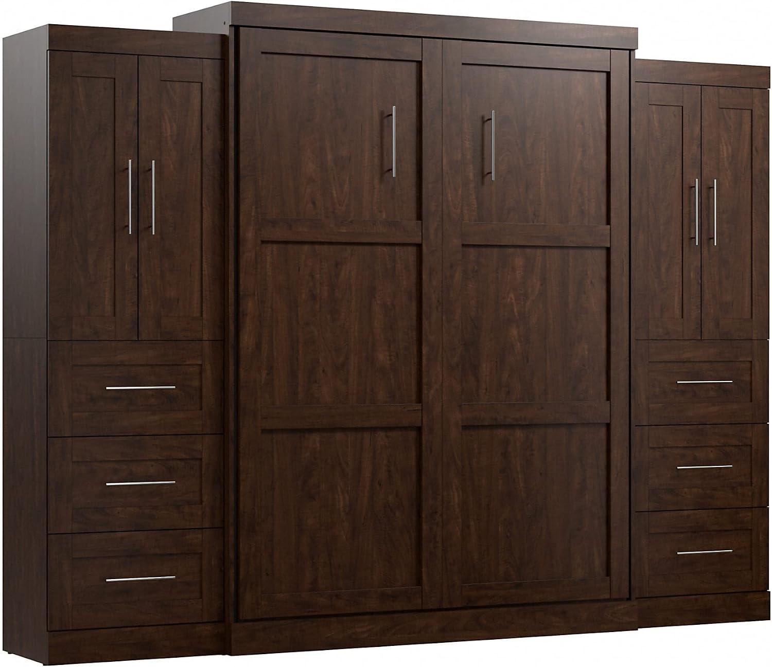Bestar Pur Full Murphy Bed and 2 Shelving Units with Drawers, 109-inch Space-Saving Sleeping Arrangement in White | 2 Shelving Units with Drawers; supports up to 1000 lb; min. ceiling height 86.4 in.; dual piston mechanism; 10-year warranty
