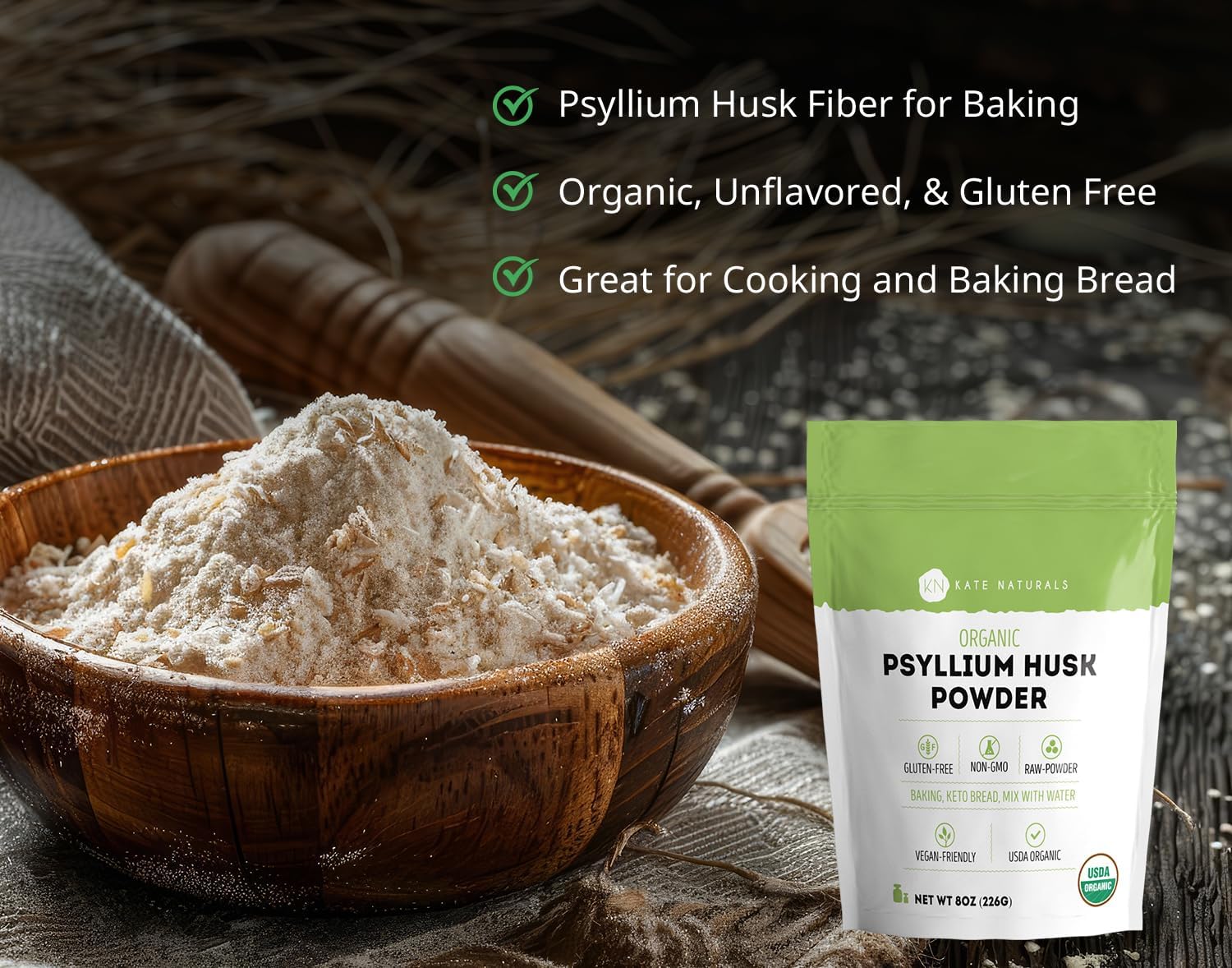 Kate Naturals Psyllium Husk Powder for Fiber and Baking Bread, 12oz | Organic, Gluten Free, Fine Ground, For Digestion, Mixes Easily with Juice & Smoothies