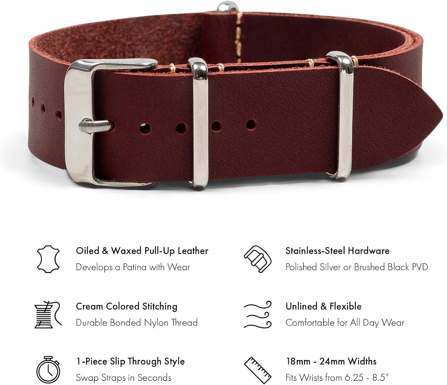 Benchmark Leather Watch Band - Crazy Horse Oiled Leather One-Piece Watch Straps for Men or Women - 18mm, 20mm, 22mm or 24mm Widths