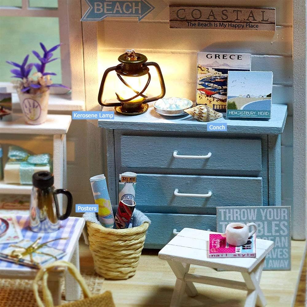 DIY Miniature Dollhouse Kit with Furniture Plus Dust Proof | 1:24 Scale Creative Room Mini Wooden Doll House Accessories for Kids Teens Adults Aged 14+(Beach Cottage)
