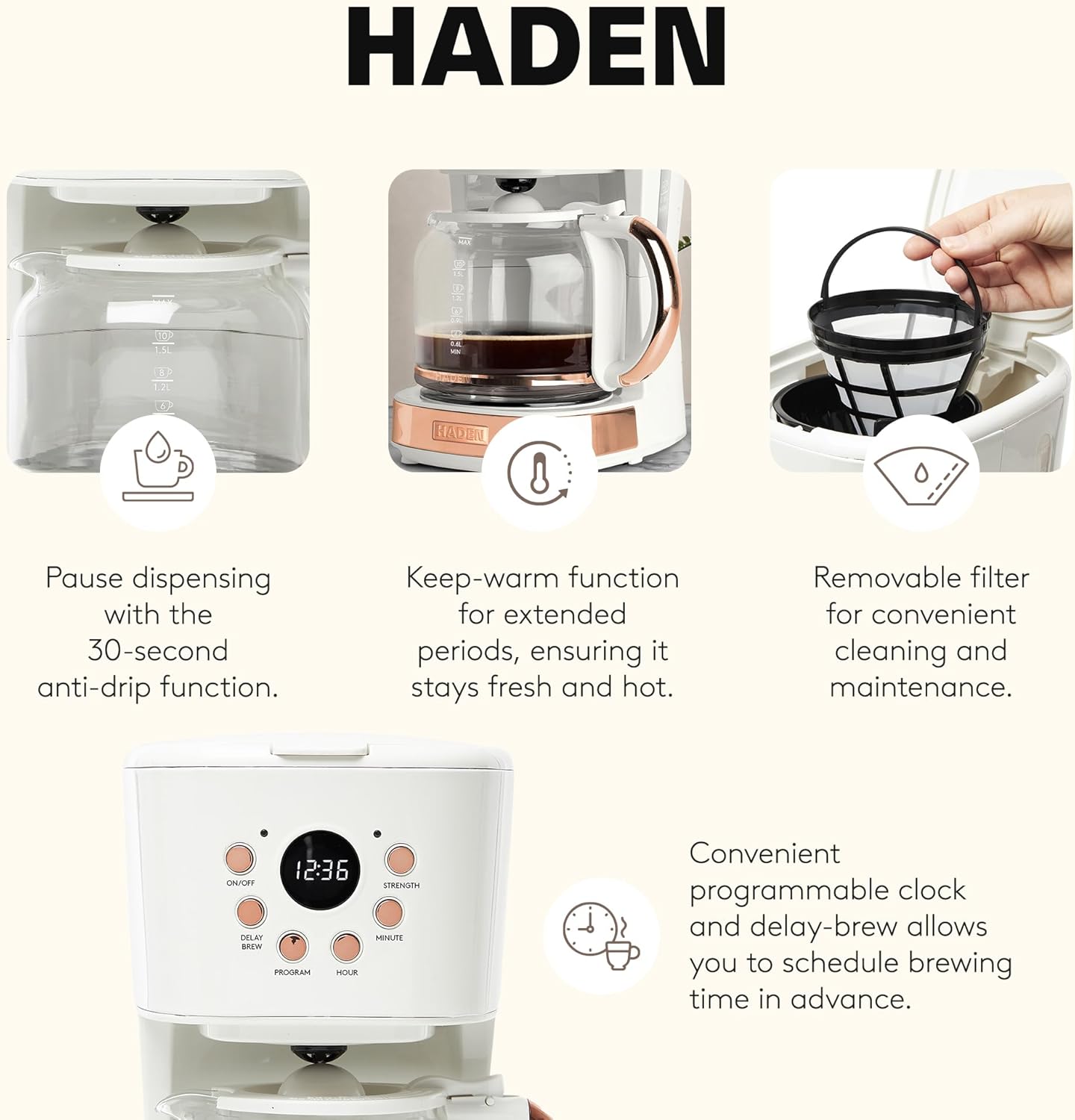 HADEN 12-Cup Programmable Coffee Maker for Home or Office, Putty & Chrome – Drip Brewer Machine with Brew Strength, Delay Brewing