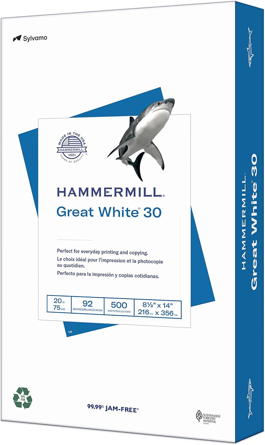 Hammermill Printer Paper, Great White 30% Recycled Paper, 8.5 x 11-1 Ream (500 Sheets) - 92 Bright, Made in the USA, 086710