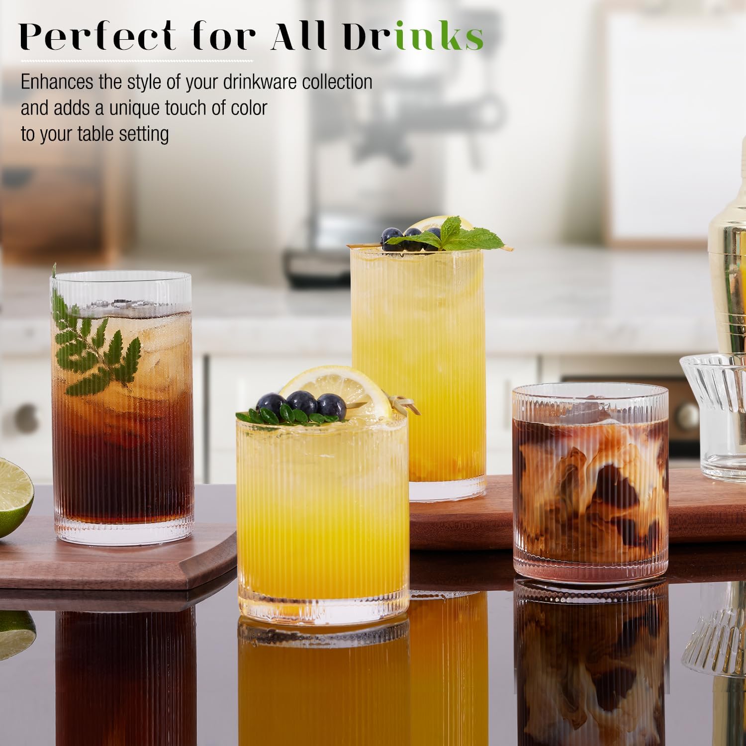 Ribbed Drinking Glasses Cups Set of 8 Large Capacity Highball 17oz&12oz | Rocks Cocktail Glasses Ideal for Beer, Juice, Water, Ice Coffee Cup, Whiskey