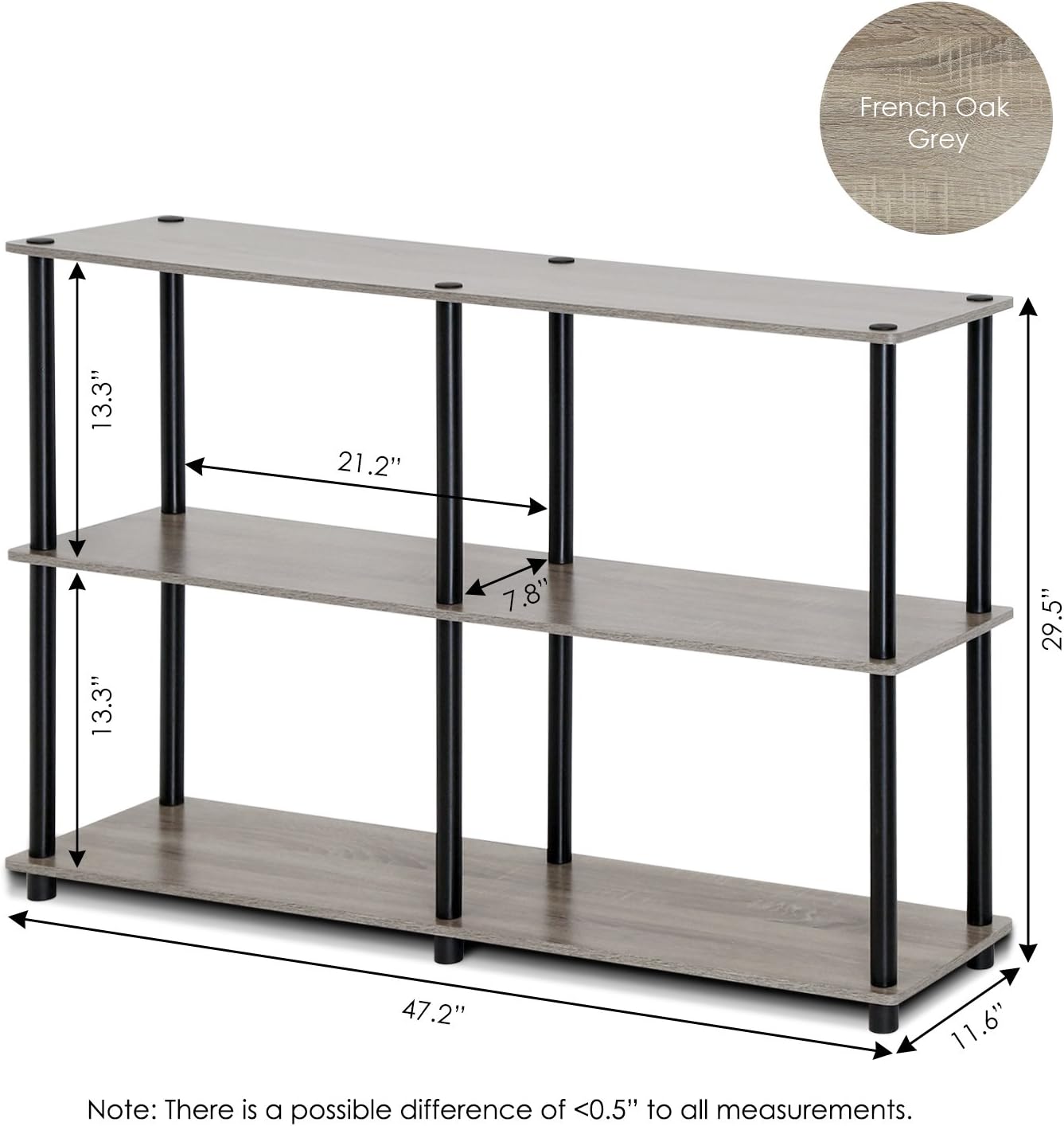 Furinno TURN-N-TUBE Storage Shelves, 3-Tier 47.4 Wide Book Shelf, Corner Shelf, Toolless Open Shelves, for Organization and Storage, Living Room, Garage, Home Office, Black