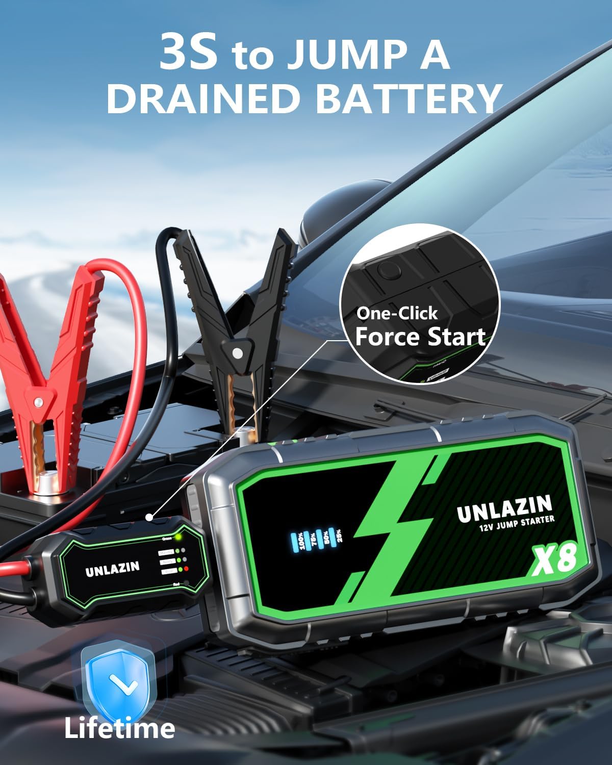 X8 10000A Portable Jump Starter with Force Start, All Gas & Diesel Engines | 12V Car Starter Jump Box & Battery Starter Booster, QC 3.0 Quick Charge
