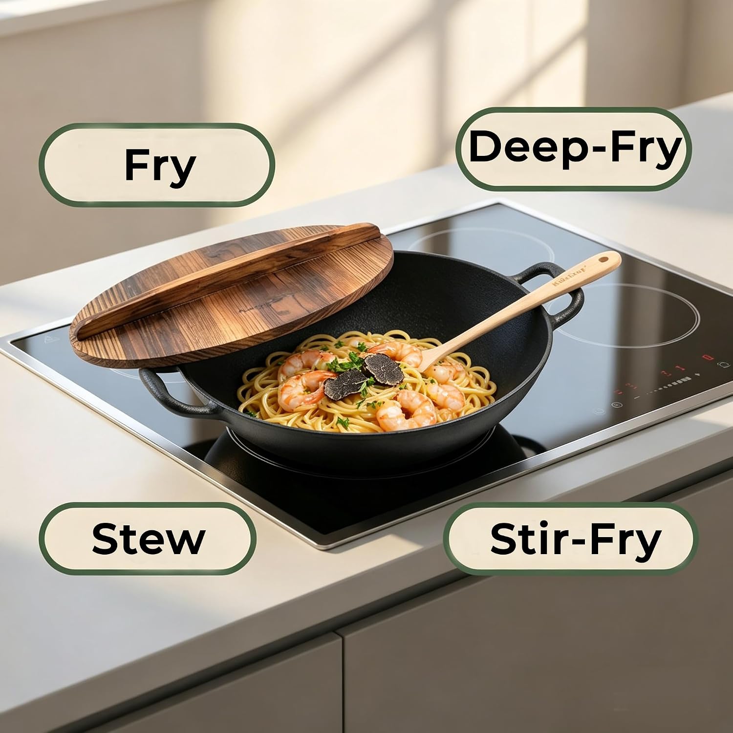 Flat Bottom Cast Iron Wok with Lid 14 Inch,Pre-Seasoned Non Toxic Cast Iron Kadai,Chinese Japanese Wok double handle for Induction and Open Fire