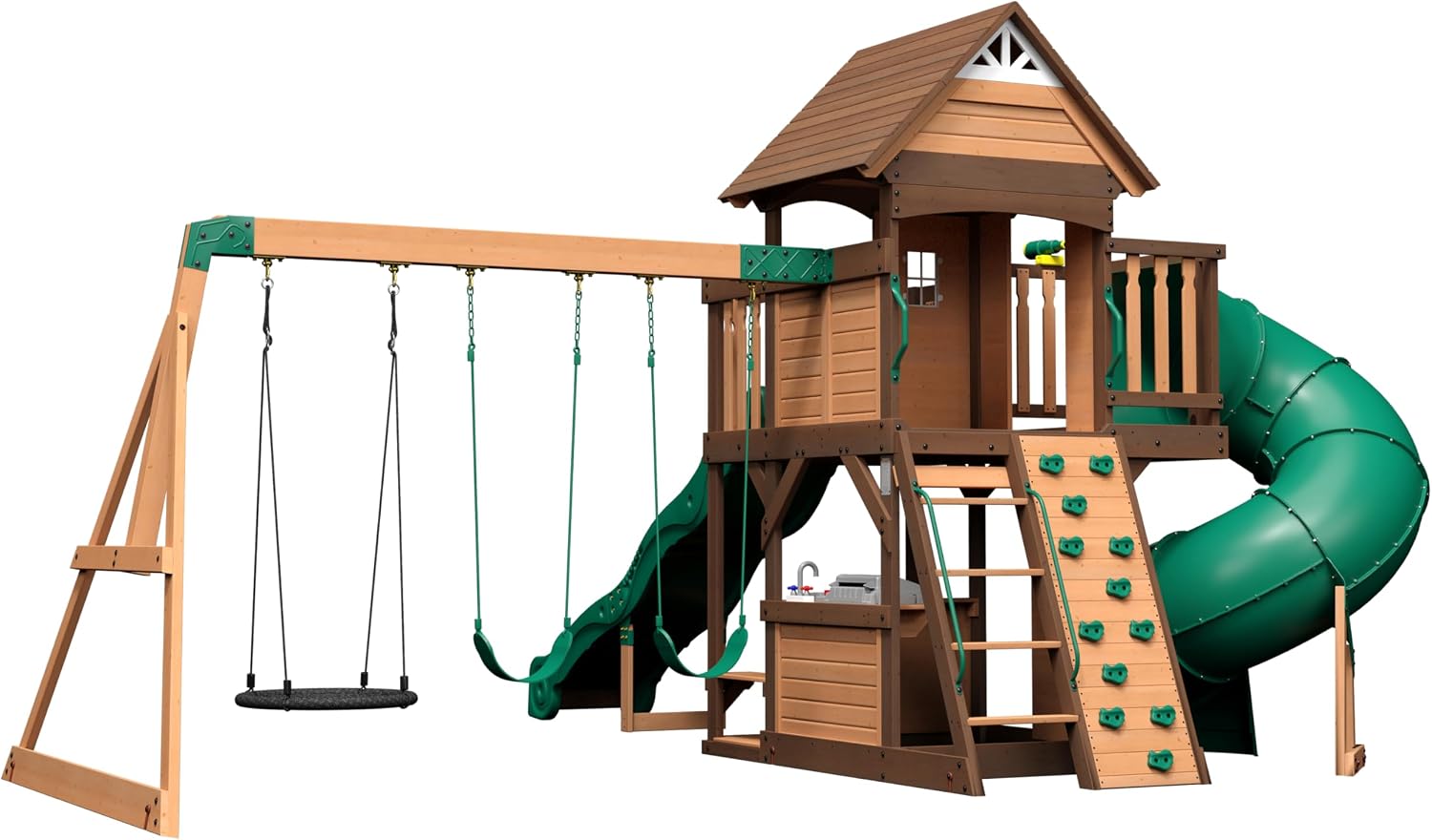 Backyard Discovery Cedar Cove Cedar Wood Swing Set with Spiral Tube Slide, Wave Slide, Clubhouse, Toy Grill, Snack Bar, Rock Wall, Belt Swings