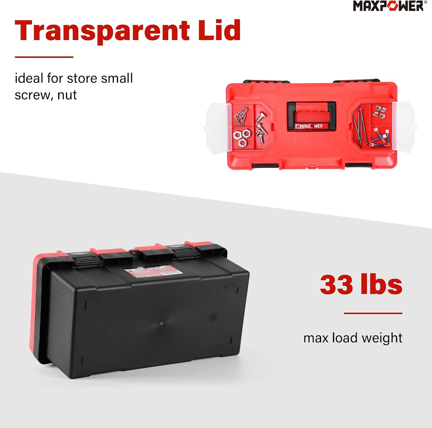 MAXPOWER Small Tool Box, 14-inch Plastic Tool Boxes with Handle | Removable Tray with Dual Lock Secured, Red Toolbox for Home