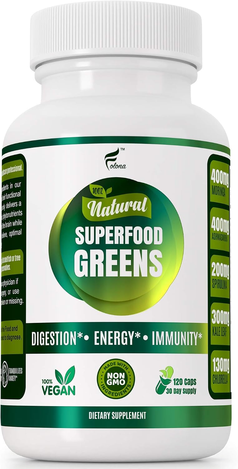 FOLONA Organic Super Greens Capsules with Ashwagandha, Spirulina & Moringa
