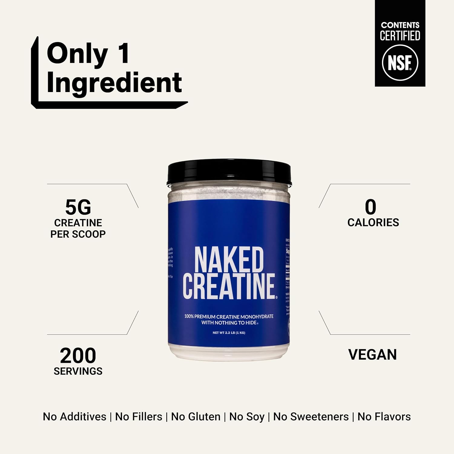NAKED Pure Micronized Creatine Monohydrate – 200 Servings, 1,000g Bulk – NSF Certified, Vegan, Non-GMO, Gluten & Soy Free - Muscle Building, Strength Training, Gym & Fitness Supplement