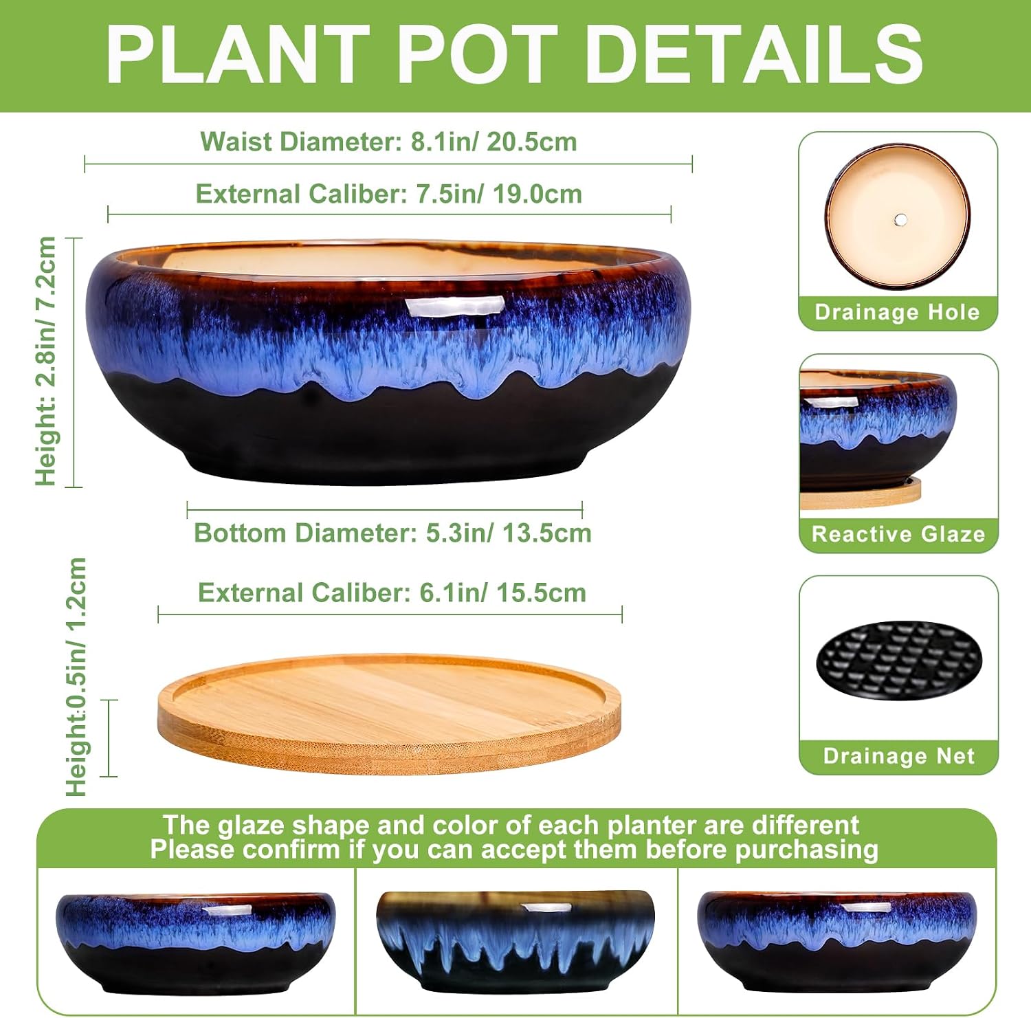 SQOWL 7 Inch Round Ceramic Succulent Planter Pot Drip Glazed Shallow Planter with Drainage Bamboo Tray for Indoor Plants