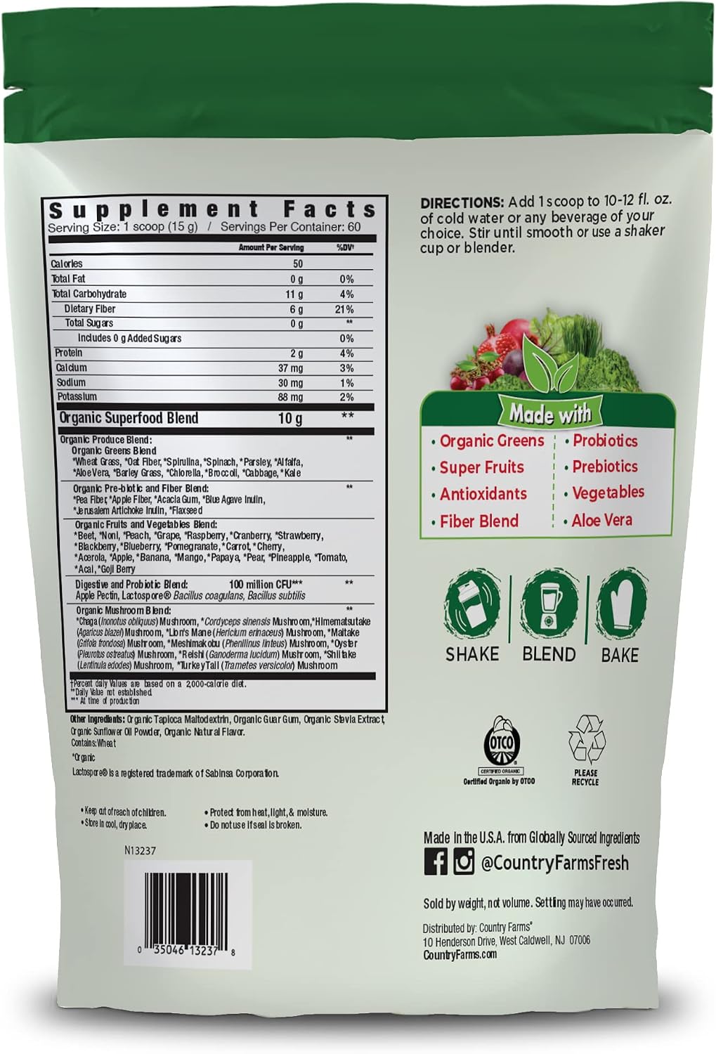 Country Farms Organic Super Greens Powder, Daily Greens Drink Mix with 50 Organic Superfoods, Fruits, Vegetables, Fiber, Mushrooms & Probiotics for Gut Health, Digestion & Energy, Berry Flavor