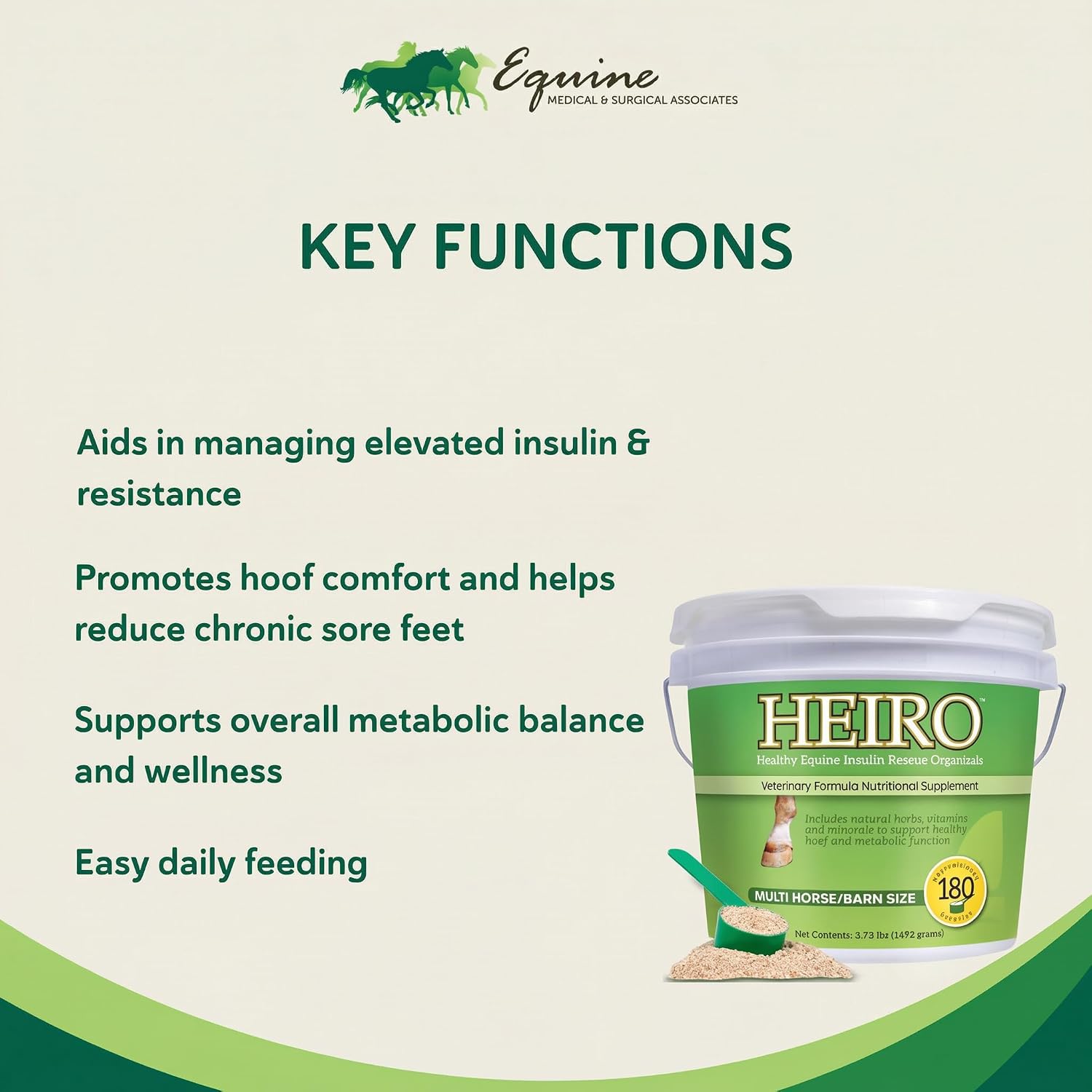 HEIRO Healthy Equine Nutritional Supplement for Horses, Herbal Blend with Magnesium and Vitamin E, Daily Metabolic Support Formula, Feed Powder, 90 Servings