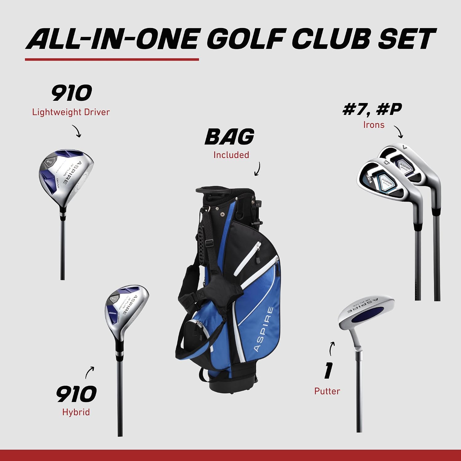 Aspire Junior Plus - Kids Complete Golf Club Set | Aircraft-Grade Aluminum, 15% Larger Clubhead, 7 Iron & Pitching Wedge, Progressive Flex Shafts, Rain Hood, 2 Headcovers