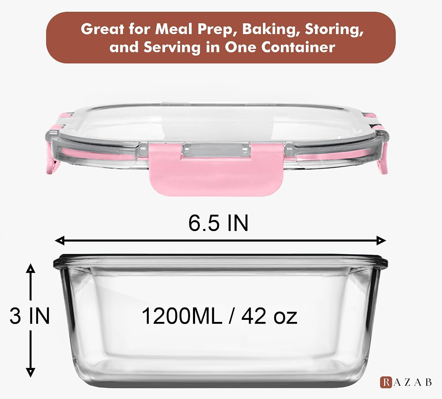 Razab 2 PC 1200ML / 41 Oz Glass Food Storage Containers with Lids - Airtight & Leakproof - Microwave/Oven/Freezer Safe - BPA Free - Ideal for Meal