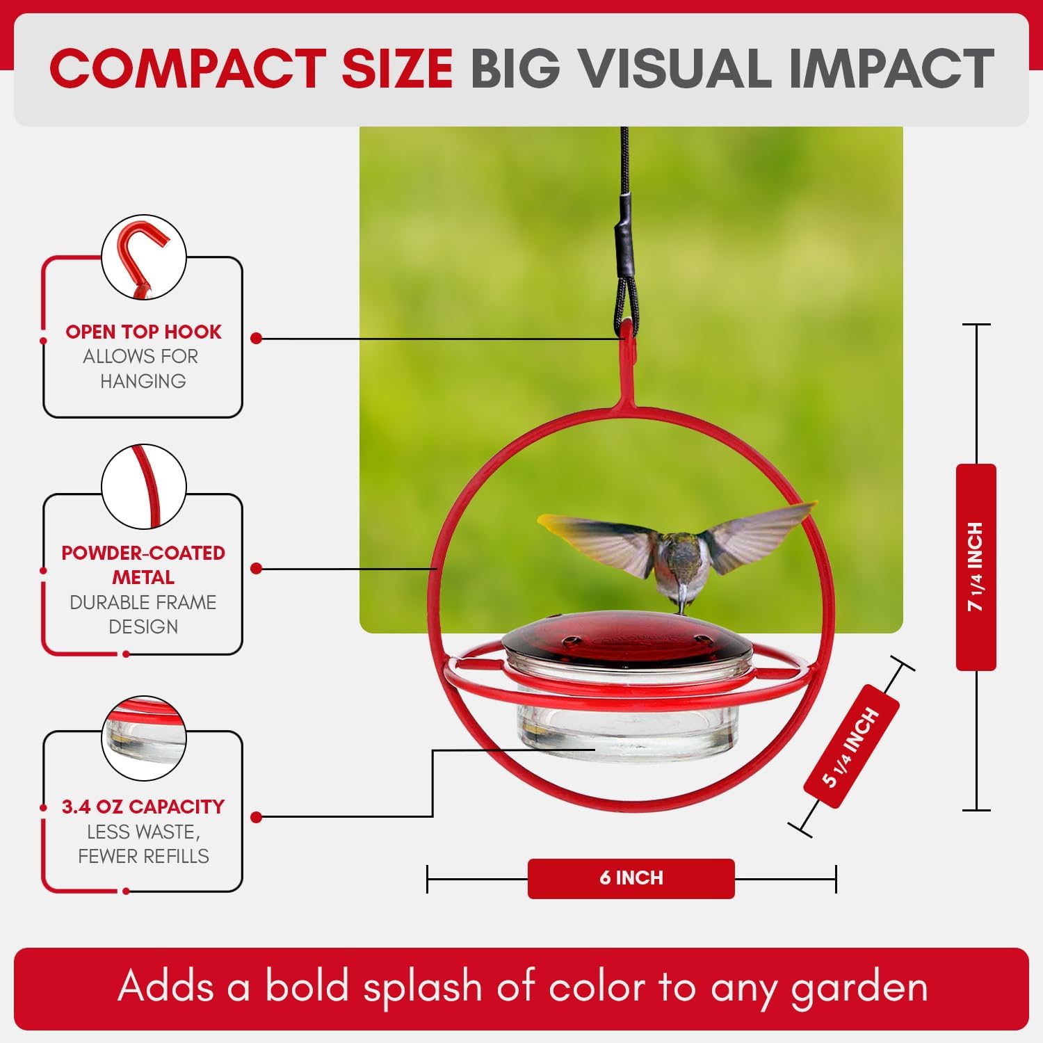 Hummingbird Feeder for Outdoors Hanging, 3.4 OZ Hummingbird Feeders, Glass Bowl with 4 Feeding Ports, Leak Proof Lid & Circular Perch, Bird Feeder (1, Red)