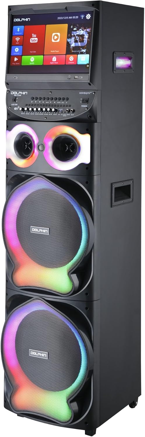 Dolphin Karaoke Machine with 2 Wireless Microphones, Dual 12" Woofers | 200W RMS, 15.4" Touchscreen, Android, Bluetooth, HDMI, WiFi, USB, TF