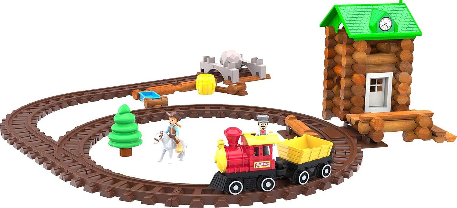 LINCOLN LOGS-Sawmill Express Train - 101 Parts - Real Wood Logs - Buildable Train Track-Ages 3+ - Best Retro Building Gift Set for