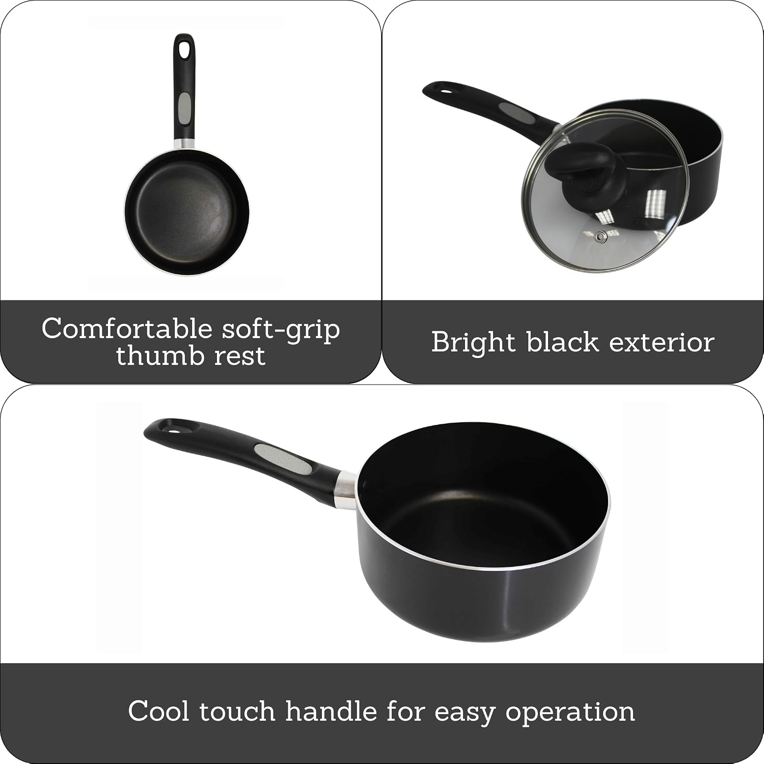 Mirro A79721 Get A Grip Aluminum Nonstick Sauce Pan with Glass Lid Cover Cookware, 1-Quart, Black -