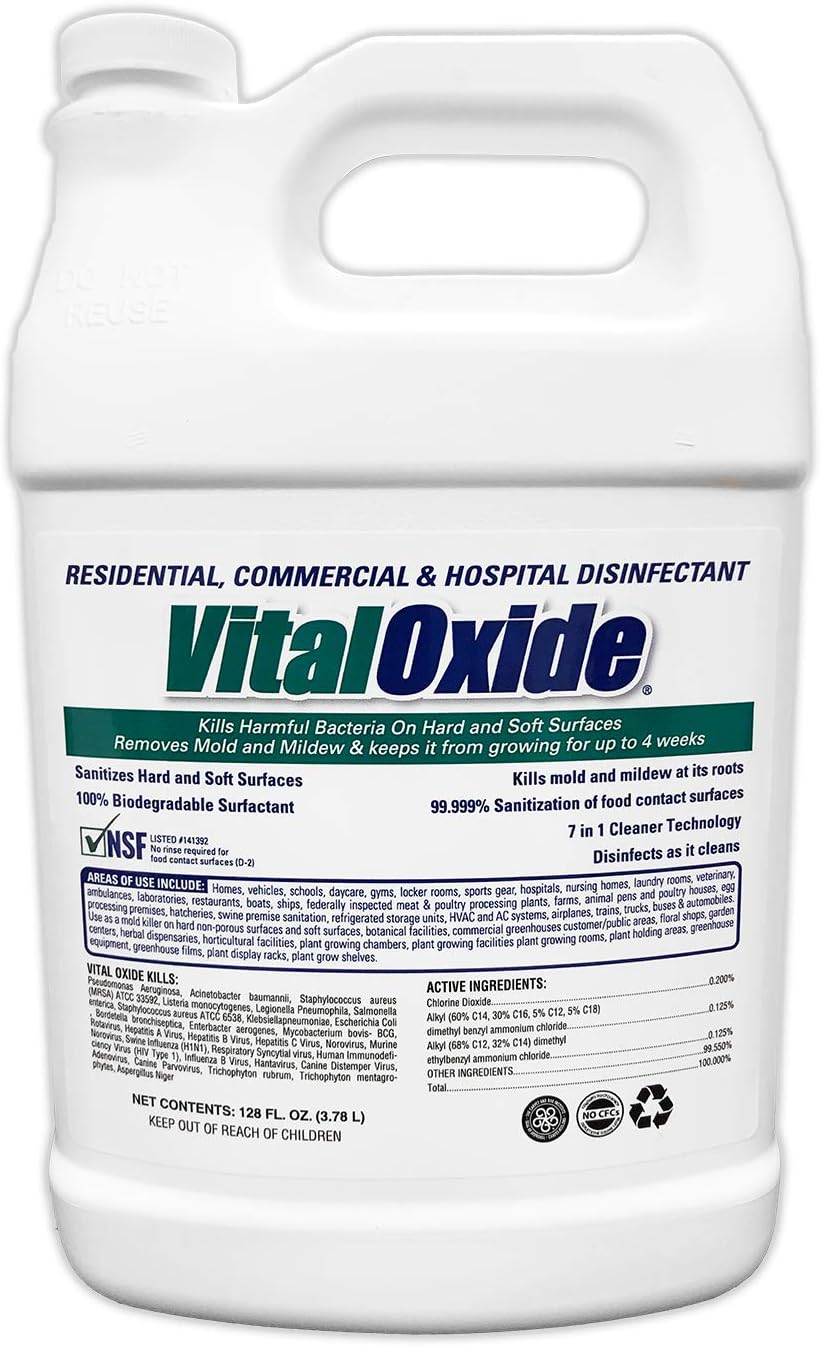 Vital Oxide Disinfectant, Deodorizer, Cleaner, Food-Contact Sanitizer, Virucide – (EPA registration #82972-1) – Kills Mold & Mildew, Eliminates Odors -1 Gallon | EPA registration 82972-1, disinfectant, deodorizer, cleaner, food-contact sanitizer and viru…