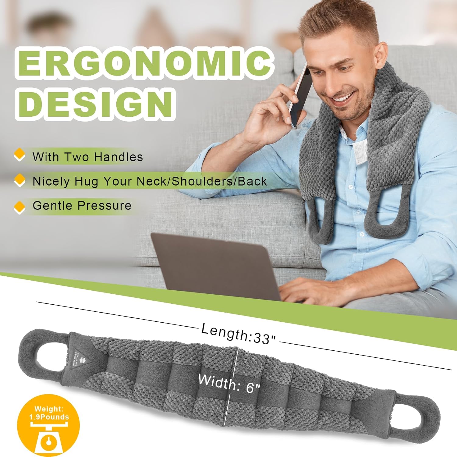 UNCN Long Wide Heating Pad for Neck and Shoulders Back 33x5.9 Microwavable Large Moist Heat Pack Warm Hot Compress Neck Wrap Weighted Bag Massage
