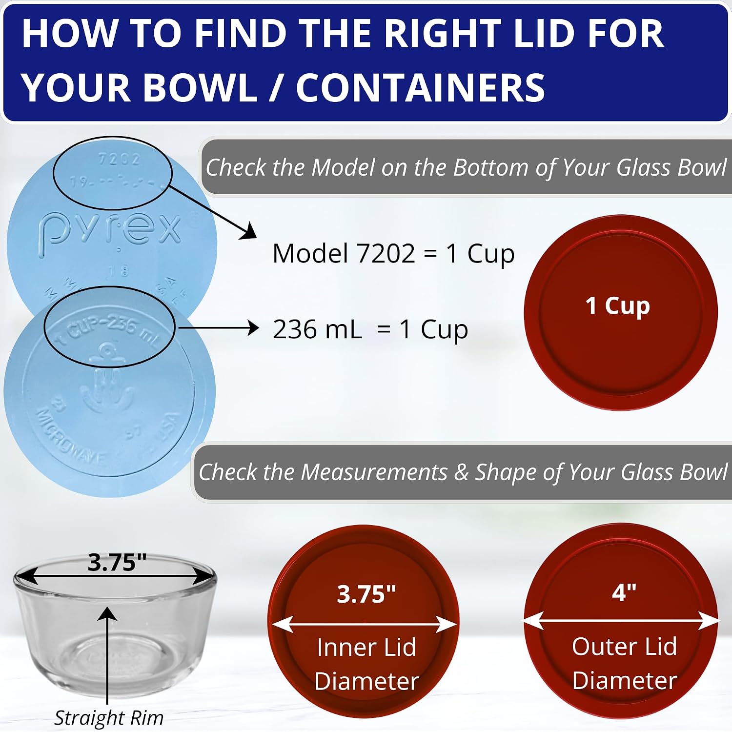 1, 2, 4 & 7 Cup Green, Orange, Blue, Red Replacement Lids/Covers for Pyrex