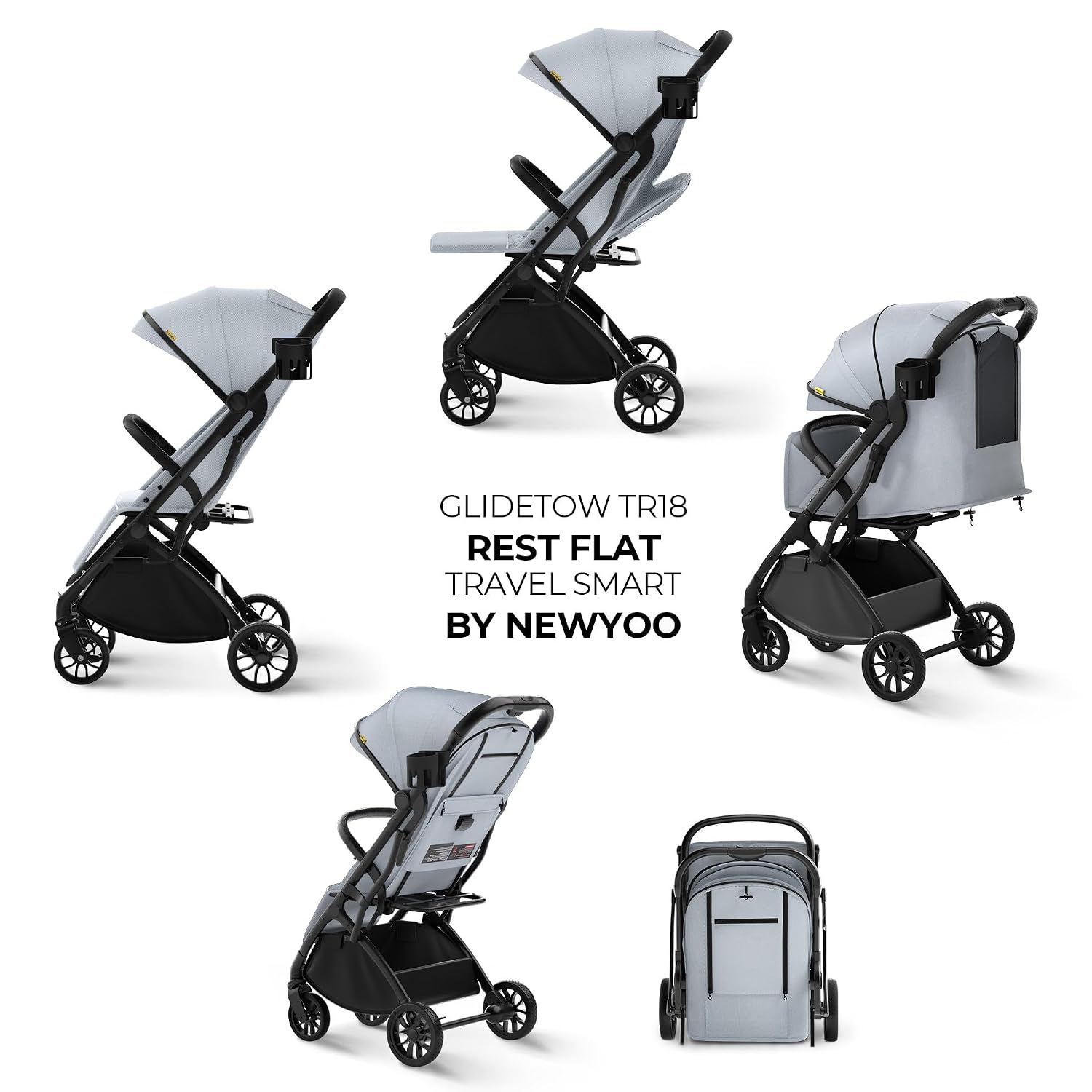 newyoo GlideTow TR18 Travel Stroller, Compact & Lightweight, Muted Olive | Newborn to toddler, foldable, self-standing design, 175° near-flat recline, large mesh window, trolley mode & UPF 50+ canopy