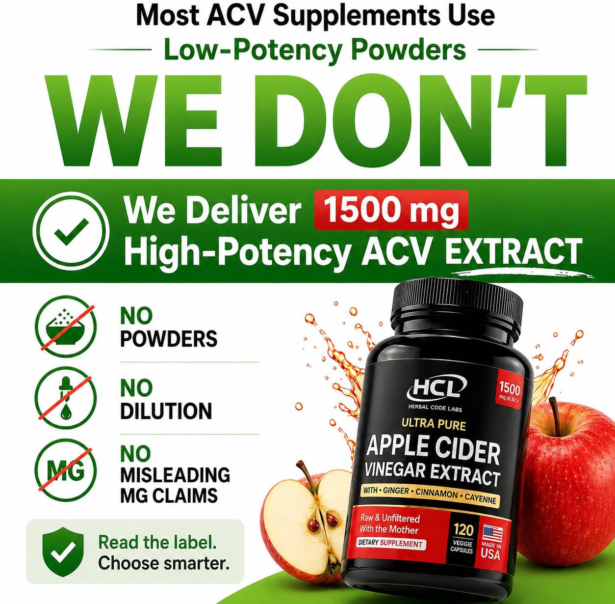 Apple Cider Vinegar Capsules 1500 mg Extract with the Mother - Extra Strength Raw Apple Cider Pills w Ginger Cayenne Cinnamon - Natural Detox Potent