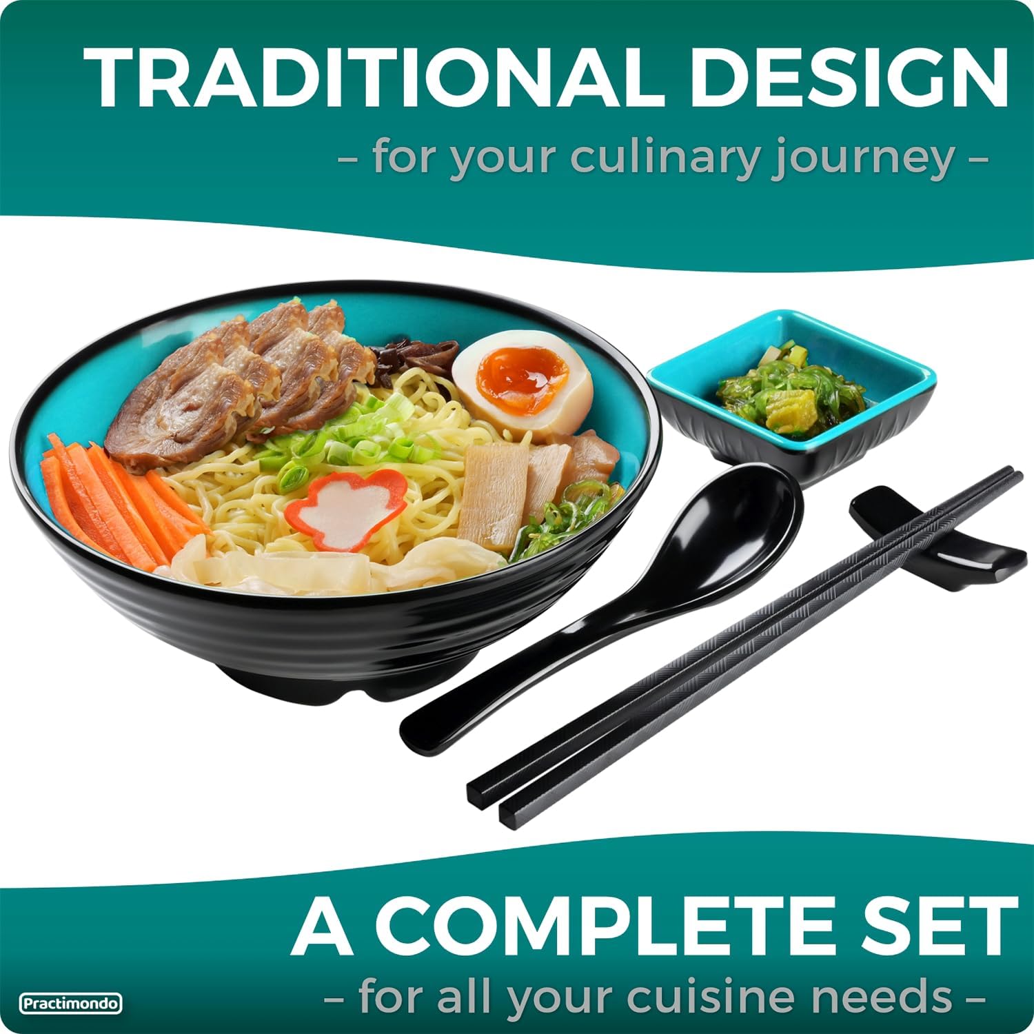Unbreakable Ramen Bowl Set with Chopsticks and Spoon: 2 large Japanese Style Melamine Ramen Bowls