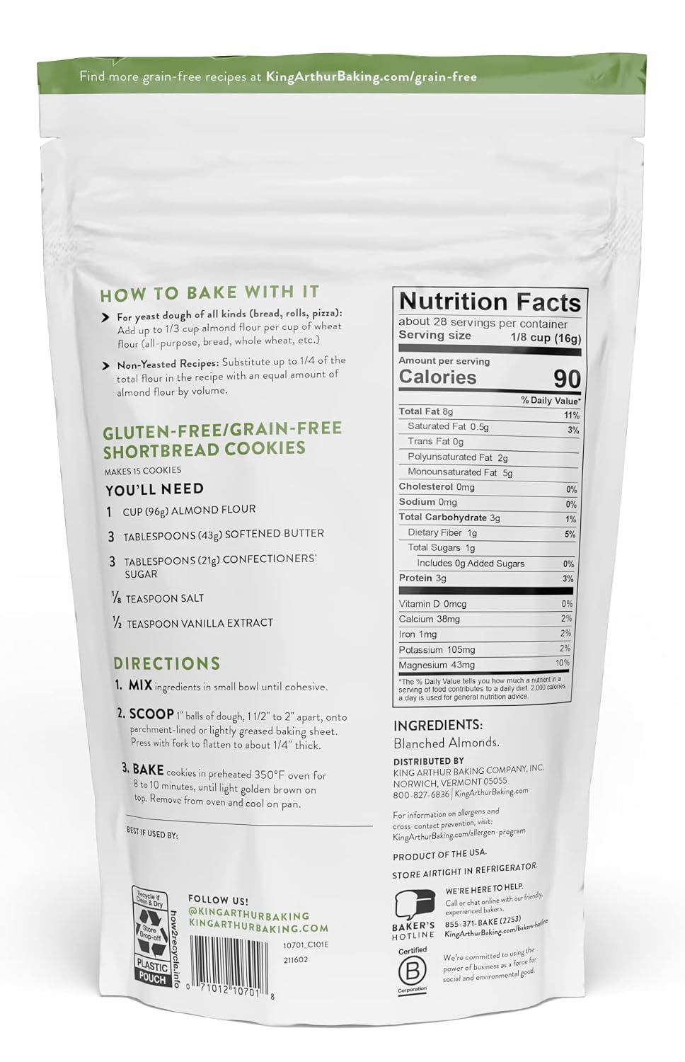 King Arthur, Almond Flour, Certified Gluten-Free, Non-GMO Project Verified, Certified Kosher, Finely Ground, 16 Ounces, 4 Count