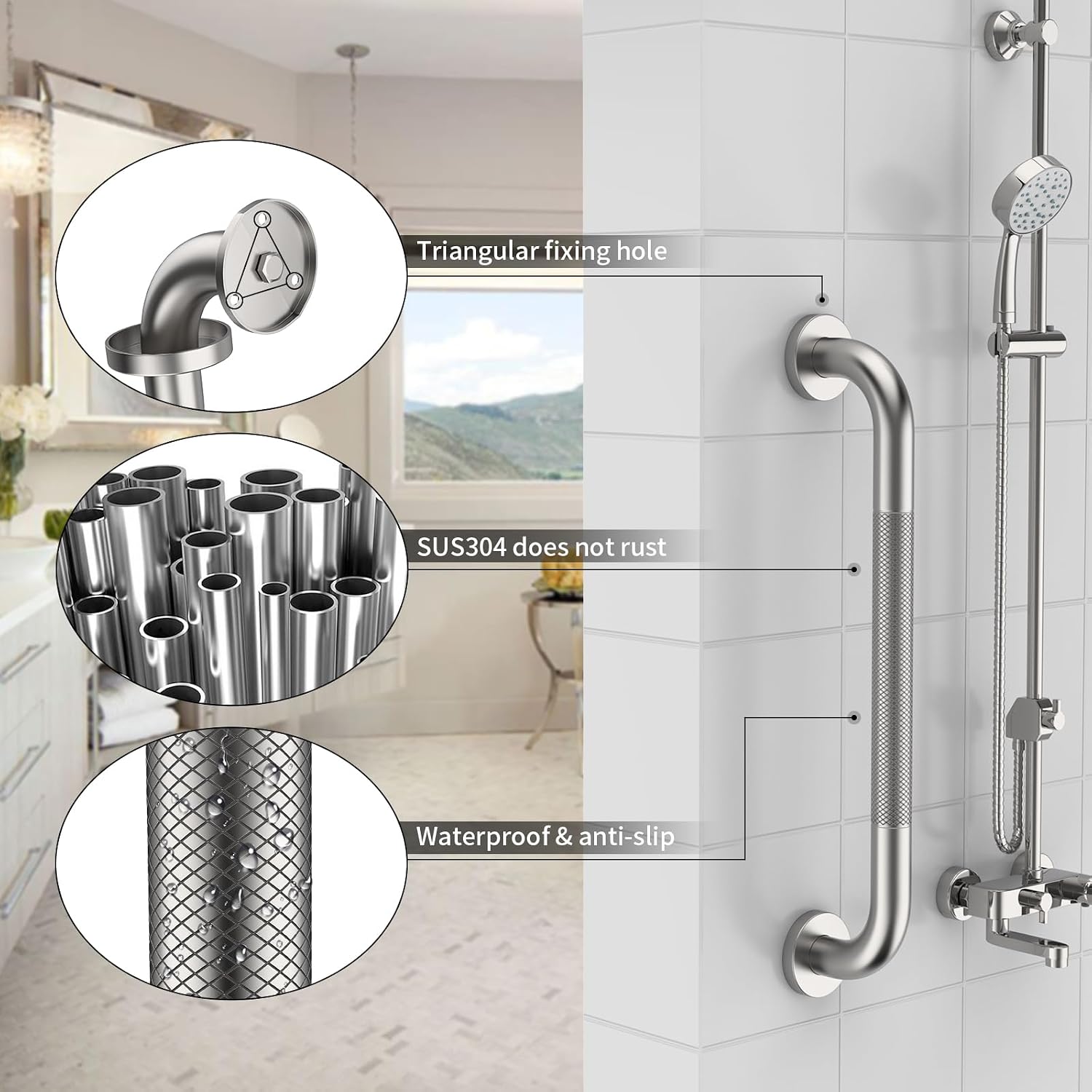 Munzong 3 Pack Commercial Handicap Grab Bars 18" 36" 42" Brushed Nickel | Bathroom Grab Bar for Shower 1.25" Diameter Anti Slip Bathroom Balance Bar Safety Hand Rail for Elderly Injury Senior