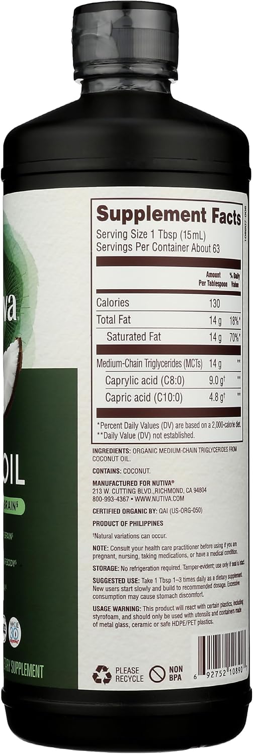 Nutiva Organic MCT Oil, Unflavored, 32 Oz, USDA Organic, Non-GMO, Non-BPA, Whole 30 Approved, Vegan, Gluten-Free & Keto, 14g MCT per Serving & Neutral Flavor for Energy Boost to Coffee, Shakes and Salads