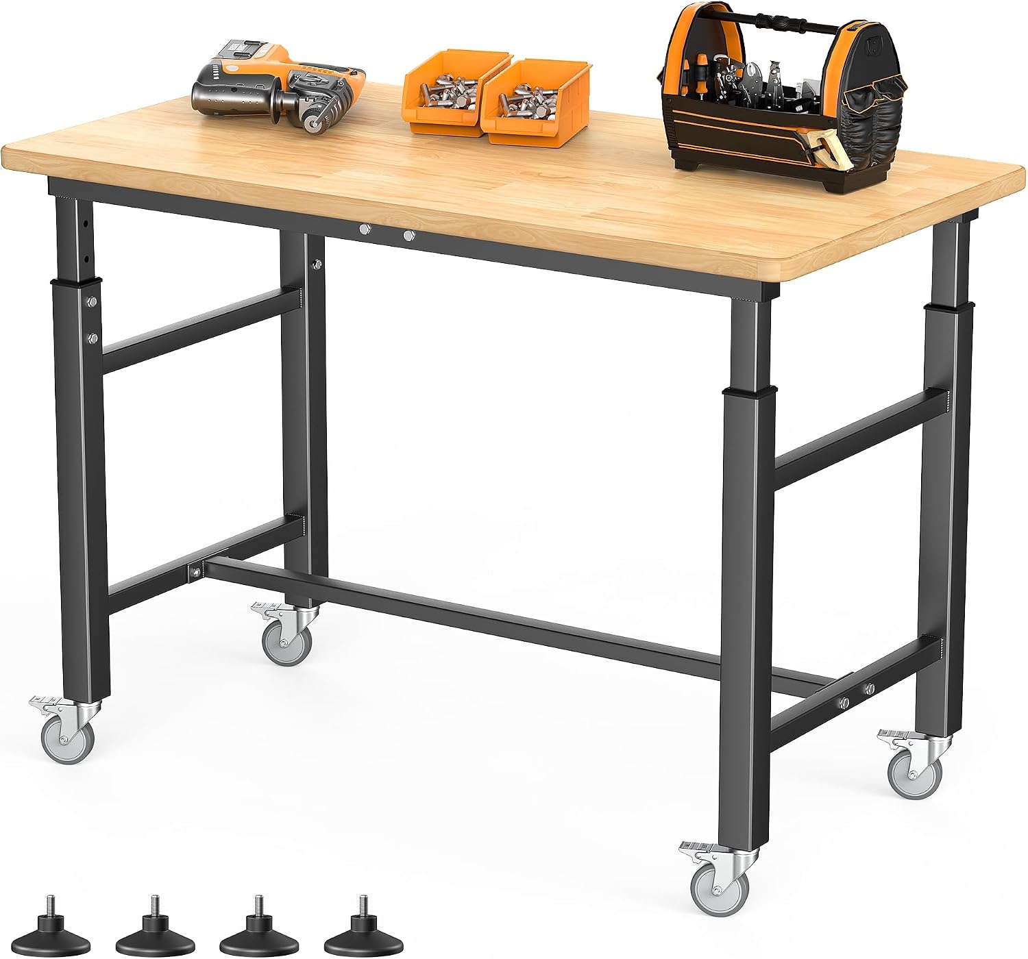 TORACK Adjustable Workbench with Rubberwood Top, Rolling 32x18 in Worktable | Height adjustable 28"–38", heavy-duty garage workbench with Wheels, up to 1000 lbs