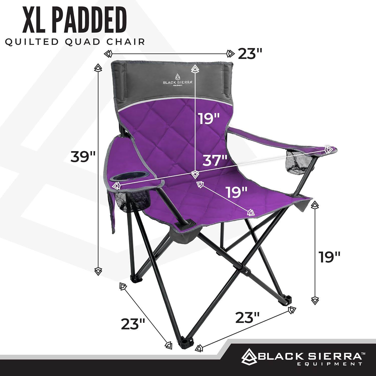 Black Sierra Quilted Padded Camping Chair, Oversized Heavy Duty Outdoor Lounge Seat Supports 300 lbs, Portable, Folding with Cup Holder for Beach, Tailgating, Sports, Patio