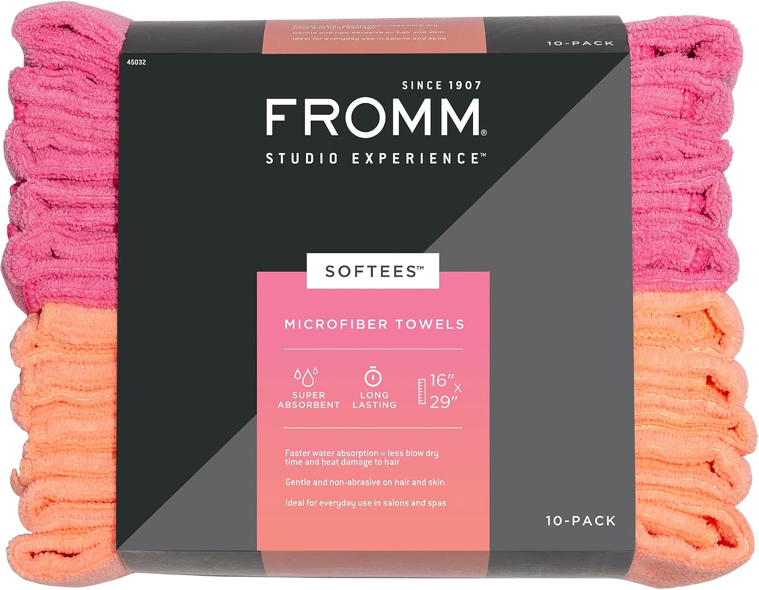 Fromm Softees Microfiber Hair Towels, Absorbent Salon Hair Towels for Hairstylists, Barbers, Spa & Gym, Fast-Drying, Ultra-Soft, Lint-Free, Multi-Purpose Towels, 16" x 29"- 10-Pack - Black