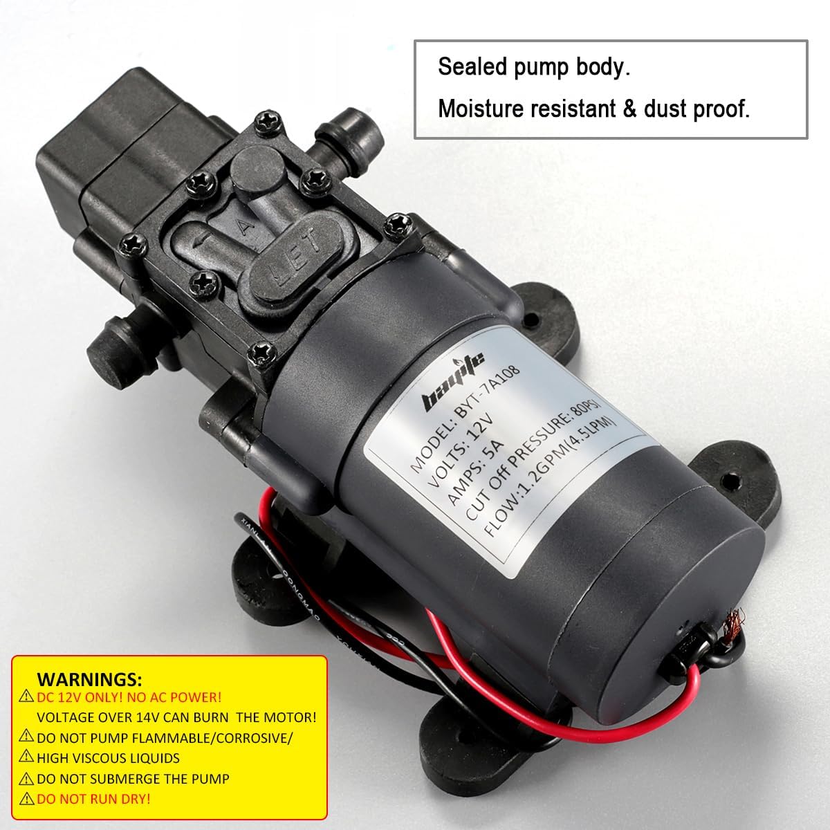 12V DC Water Transfer Pump 4.5 L/Min 1.2 GPM 80 PSI | with 2 Hose Clamps, 12 Volt Diaphragm Pump Self Priming Sprayer Pump