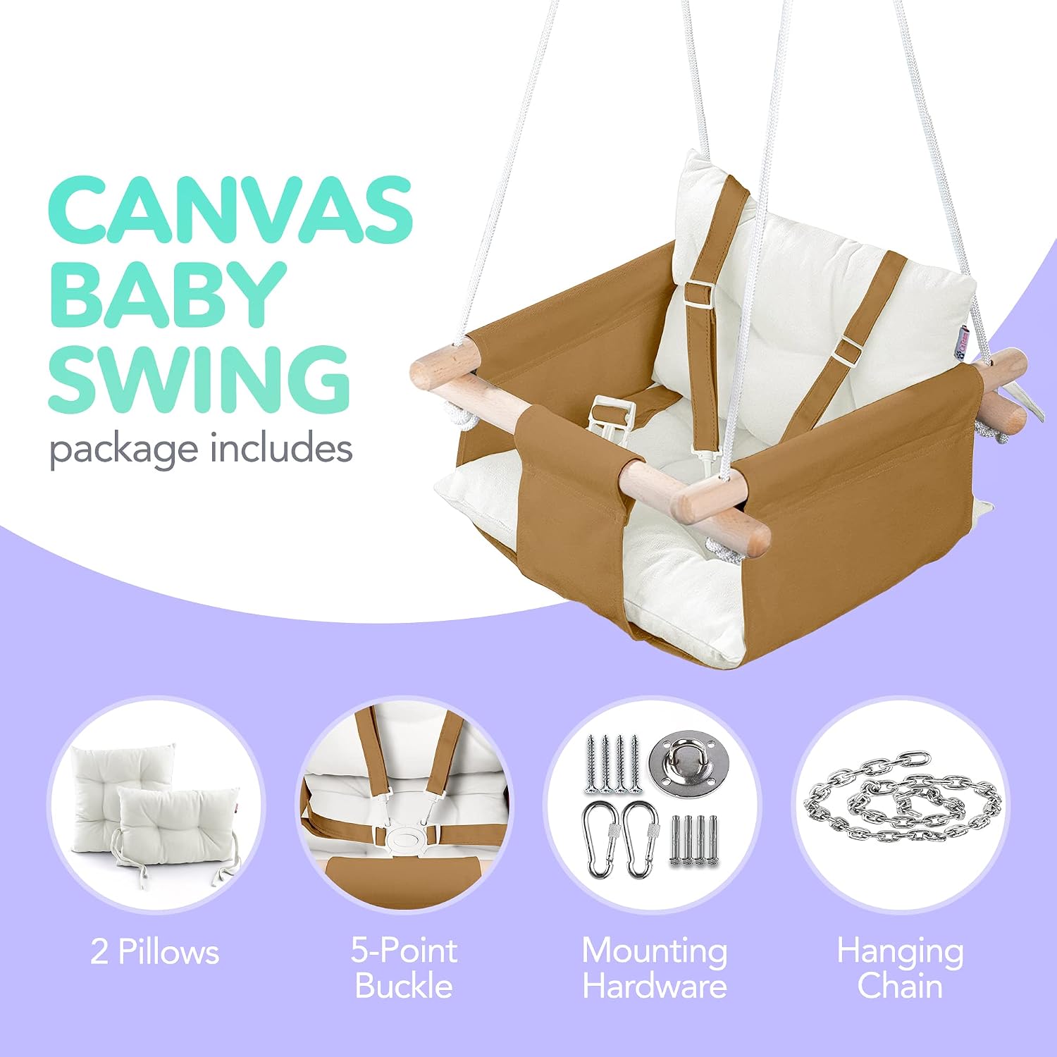 CaTeam Canvas Baby Swing Seat with 5-Point Safety Belt — Wooden Hanging Toddler Swing, Indoor & Outdoor, Ages 1-4, Ceiling Mount Hardware Included