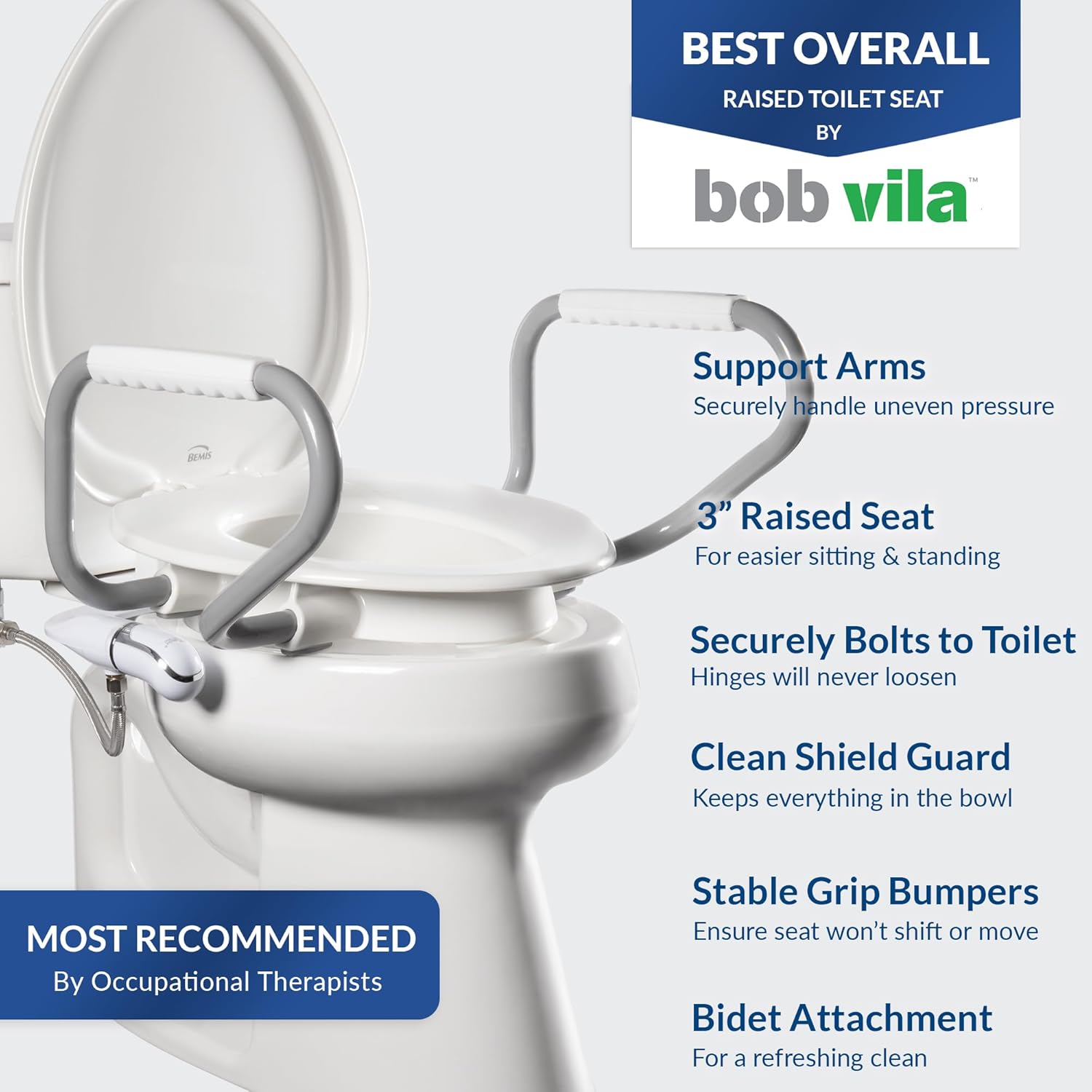 Bemis Assurance 3" Raised Toilet Seat for Seniors, Therapist Preferred for Safety, Secure Hinges, Clean Shield Guard, Elongated, White