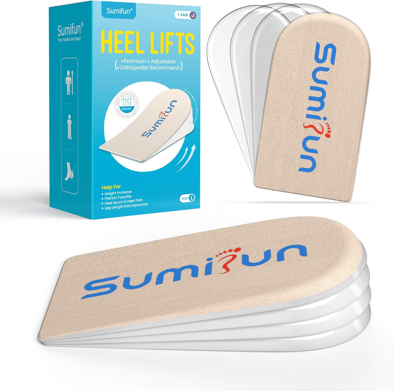 Sumifun Heel Lift, 4-Layer 1 Inch Gel Shoe Lifts for Women Uneven Legs, Adjustable Orthopedic Heel Lifts for Heel Pain and Leg Length Discrepancy