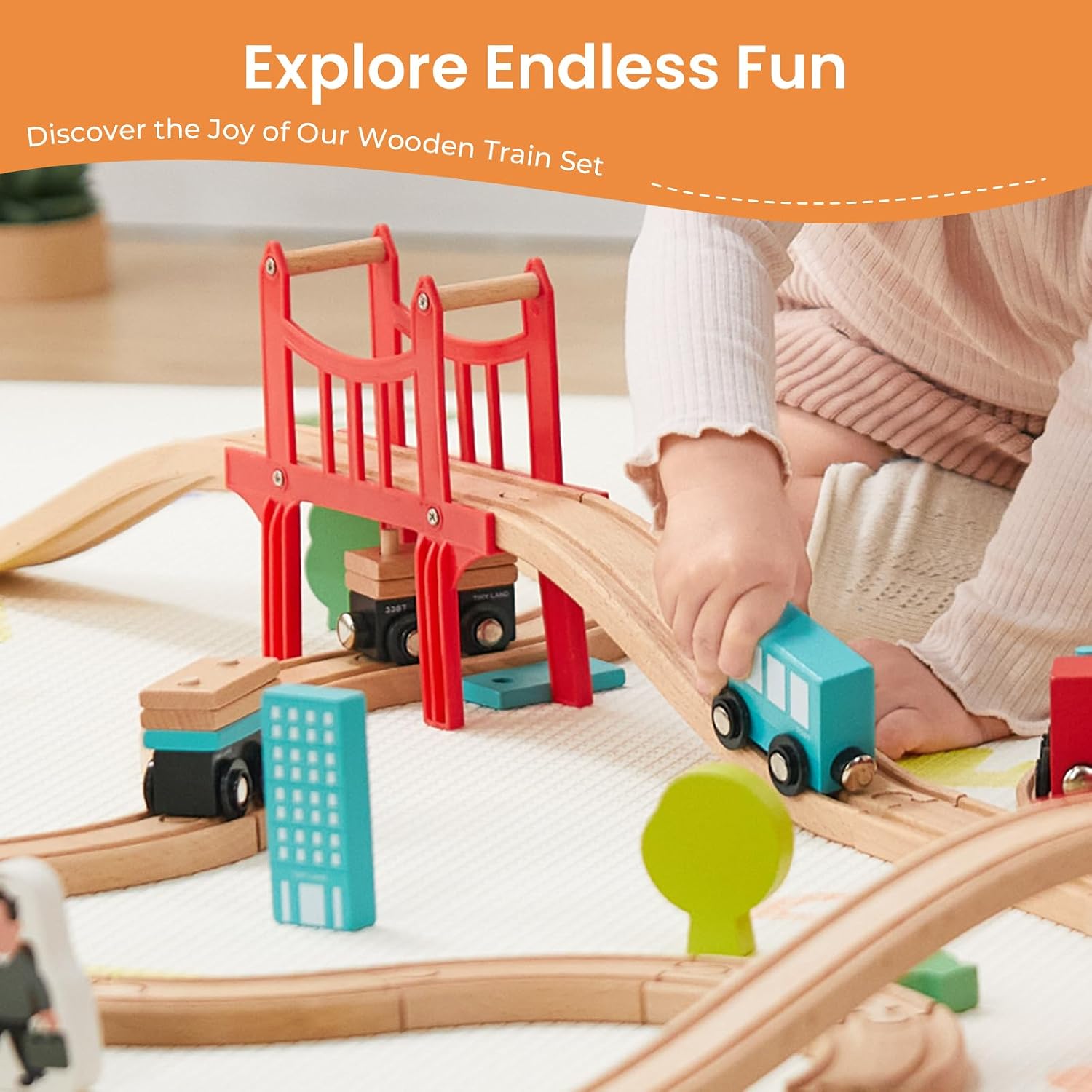 Tiny Land 39 Pcs Wooden Train Set for Toddler with Wooden Tracks | Compatible with Major Brands, Expandable
